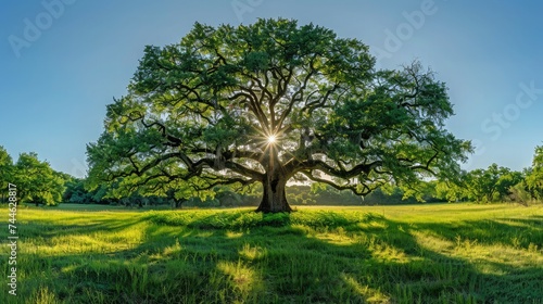 The sun shining through a majestic green oak tree on a meadow, with clear blue sky in the background, panorama format