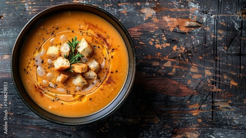 pumpkin soup topped with golden croutons and fresh rosemary.