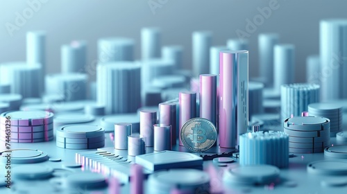 A replica of acrylic bar graph and a standing coin, aerial view, 3D illustration, minimal. Generative AI.