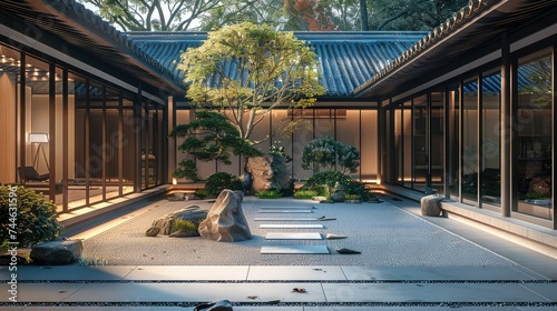 Japanese courtyard is surrounded by concrete and stone. Generative AI.