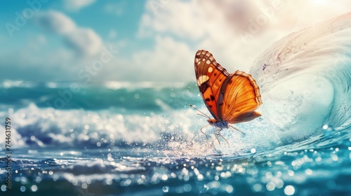 Butterfly flapping its wings against the background of the sea