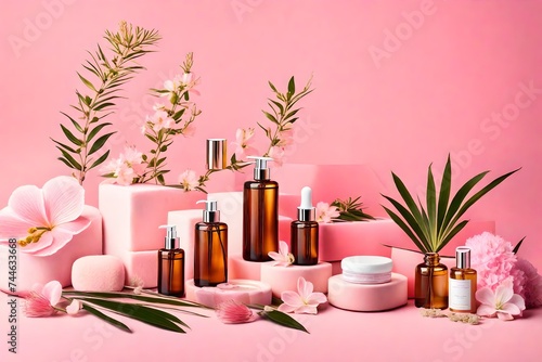 spa still life with oil and flowers, Immerse yourself in a world of tranquility and rejuvenation with a serene scene of skin care oil, natural cosmetics, and spa treatments delicately arranged on a so