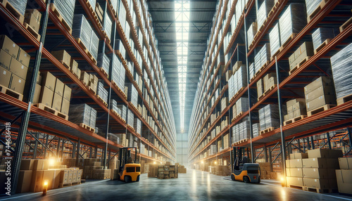 A vast warehouse interior with high shelves stacked with boxes, pallets, forklifts in the aisles, and a warm light filtering through skylights.Logistics concept.AI generated.