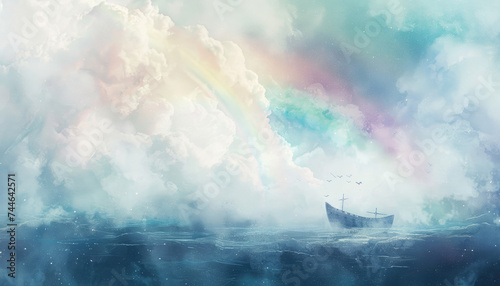 an illustration of a rainbow and noah ark
