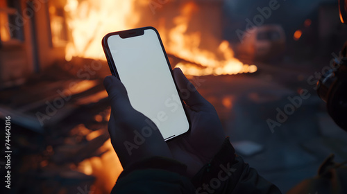 Man holding isolated smartphone device burning in fire with blank empty white screen, emergency call communication technology concept