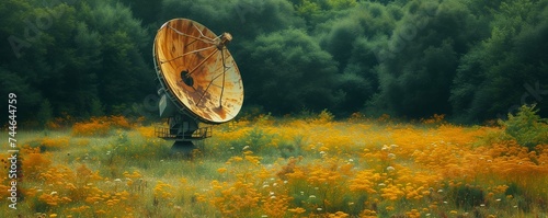 View of with large satellite dish in the field at grassland