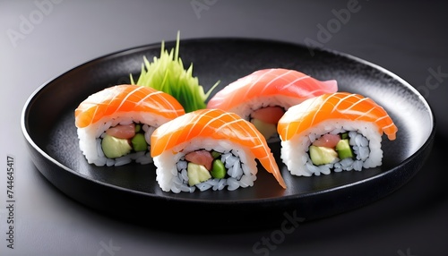 Some sushi and sashimi pieces on japanese black dish macro