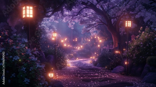 A magical evening scene of a lantern-lit pathway under the dreamy glow of cherry blossom trees in full bloom. Enchanted Pathway with Lanterns and Cherry Blossoms