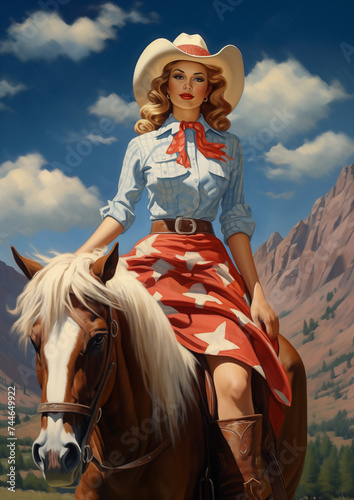 blond cowgirl riding horse wearing western shirt usa stars skirt with desert mountain range vista vintage americana painting
