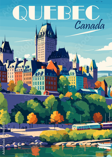  Quebec, Canada Travel Destination Poster in retro style. Vintage colorful print. International summer vacation, holidays concept. Vector art illustration. 