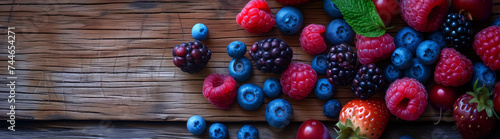 Scattered berries on weathered wood create a tapestry of taste and texture in natural light