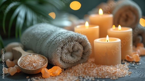 Tranquility and self-care are epitomized in the serene spa setup, complete with sea salt, softly flickering candles, fragrant fresh flowers, and plush towels.