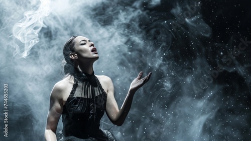 A woman in a black dress expresses a moment of dramatic emotion, surrounded by ethereal smoke and a play of light and shadow.