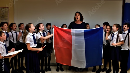 A teacher raising the national flag of france in class