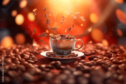 Brewed coffee with this vibrant photo of a cup surrounded by soaring coffee beans