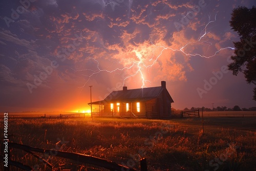 Amidst a raging storm, a solitary house stands illuminated by a lightning strike, surrounded by swaying trees and the ominous night sky