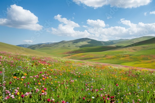 Rolling hills covered in wildflowers during spring, vibrant colors, nature landscape photography 