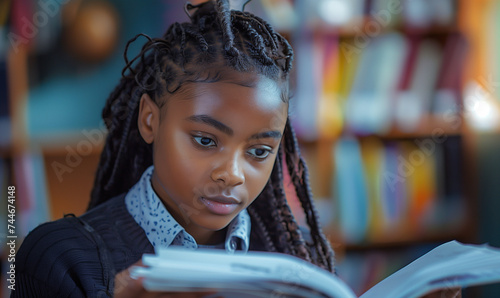 Inclusive image of a happy female african american pupil studying at school. High school student reading, studying and revising for exams. Diversity and ethnic minority representation at college.