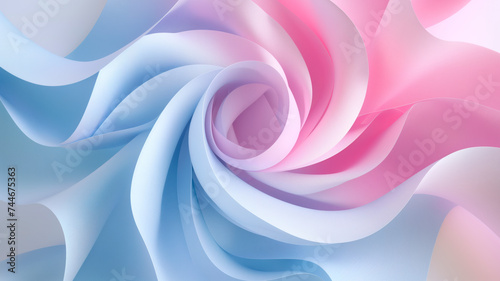 Dynamic blue and pink textured fabric in a swirling wave like pattern, twisting round and round to form almost a rose like flower in the centre of this abstract image. Background image.