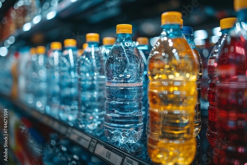 A refreshing array of thirst-quenching plastic bottles filled with crystal-clear water line the shelves, beckoning to be consumed as a source of nourishment and hydration within the comfort of an ind