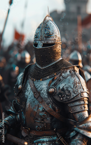Ultra realistic crusader or medieval knight with armor, battle worn, equipped for war. Professional soldier closeup portrait.