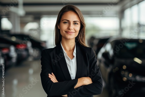 Confident female sales associate posing in a modern car showroom, representing professionalism and trust