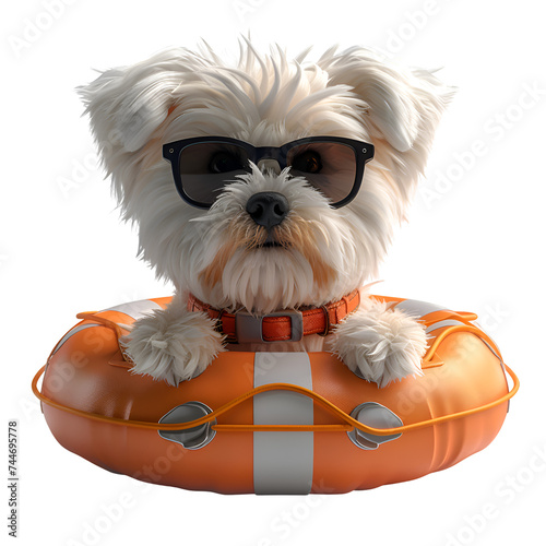 A 3D animated cartoon render of a lifeguard dog wearing sunglasses and a lifebuoy hair clip.