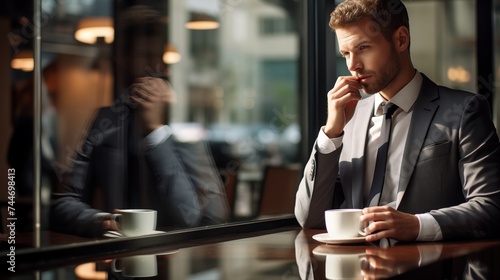 Capture a businessman in a reflective moment during a coffee break, expressing a brief pause for contemplation amidst the hustle and bustle of professional endeavors.