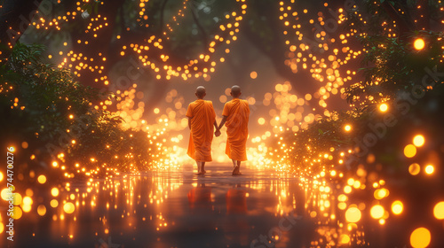 two little monk children: serene journey through an enchanted forest with glowing lights