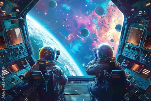 Astronauts Observing Earth from a Spacecraft. Two astronauts in golden helmets observing Earth from a spacecraft with vibrant celestial bodies in view.