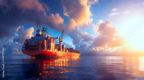Cargo ship carrying containers in the sea, alone with morning light. Sea freight concept.