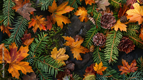 Juniper leaves amidst vibrant autumn foliage. 