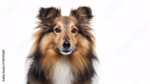 A pristine shetland canine captured against a blank backdrop.