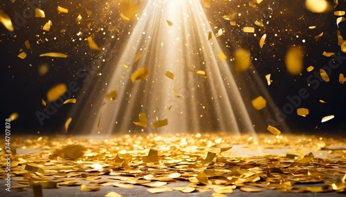 golden confetti shower cascading onto a festive stage illuminated by a central light beam mockup for events such as award ceremonies jubilees new year s parties or product presentations