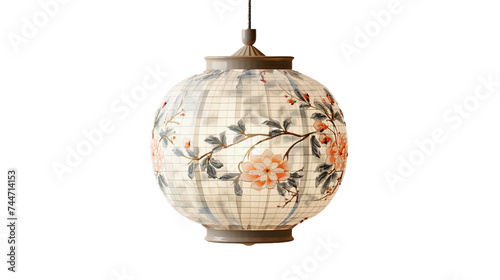A white paper lantern with a floral pattern and a cord on a transparent background. PNG format, This PNG file, with an isolated cutout object on a transparent background.