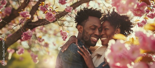 Happy, smiling young Couple hugging under tree branches of Cherry blossom.