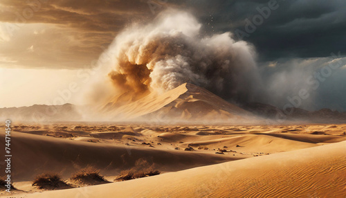 Digital art of a desert landscape engulfed in a dramatic sandstorm, symbolizing nature's raw power and the ephemeral beauty of desert landscapes