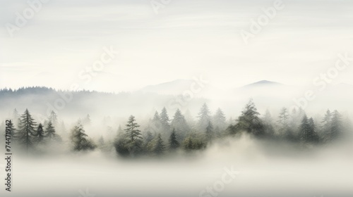 a forest filled with lots of trees on top of a foggy forest filled with lots of trees on top of a hill.