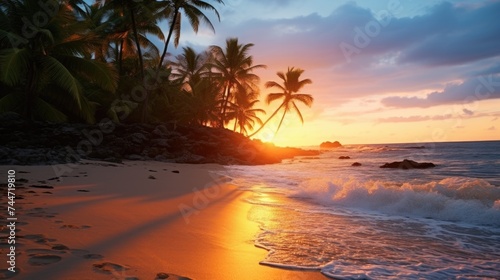 Beautiful sunset on a tropical beach, perfect for travel websites or vacation brochures