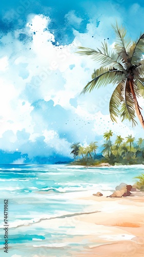 Vertical watercolor drawing of the ocean shore. Illustration of a beach with palm trees. Sea shore. Holidays and travel. Tourism business.. beach with palm trees