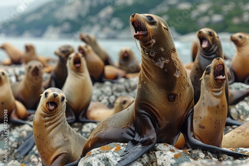 A group of playful sea lions sunbathing on rocky shores, their barks filling the air with life