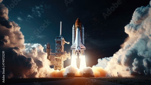 A space shuttle taking off into the sky. Suitable for aerospace and technology concepts