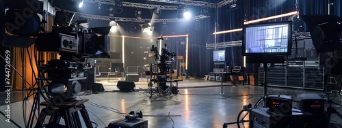 a recording studio with lights and equipment in the background