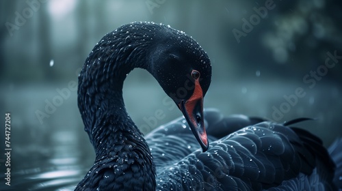 a black swan with a red beak
