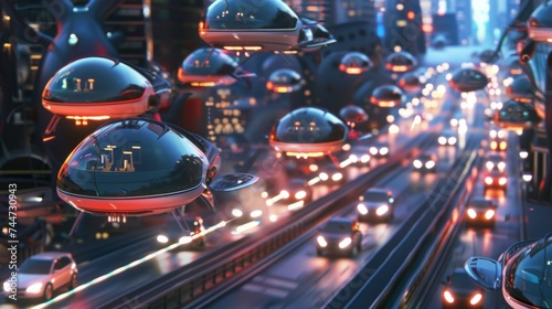 Futuristic urban traffic flow showcasing seamless integration of hovercrafts and drones Efficiency redefined