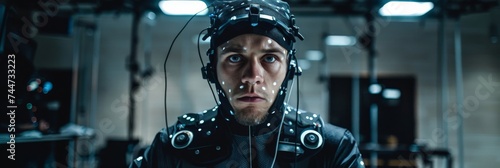Man in a motion capture suit for a video game development session, innovative and focused,