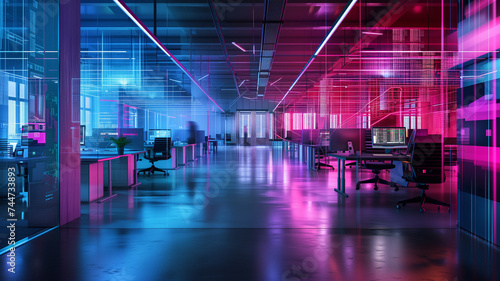 A futuristic open space office interior, where neon cyberpunk influences meet corporate technology.