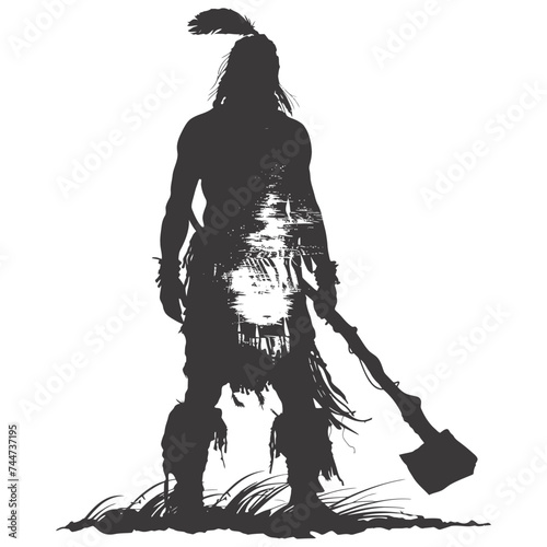 Silhouette native american man holding stone ax black color only