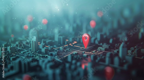  vibrant red map pin amidst urban skyline: symbolizing city destination and seamless network connection