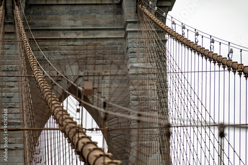 Right side of the Brooklyn Suspension Bridge linking the boroughs of Manhattan and Brooklyn in New York City (USA), the largest suspension bridge in the world until 1889.